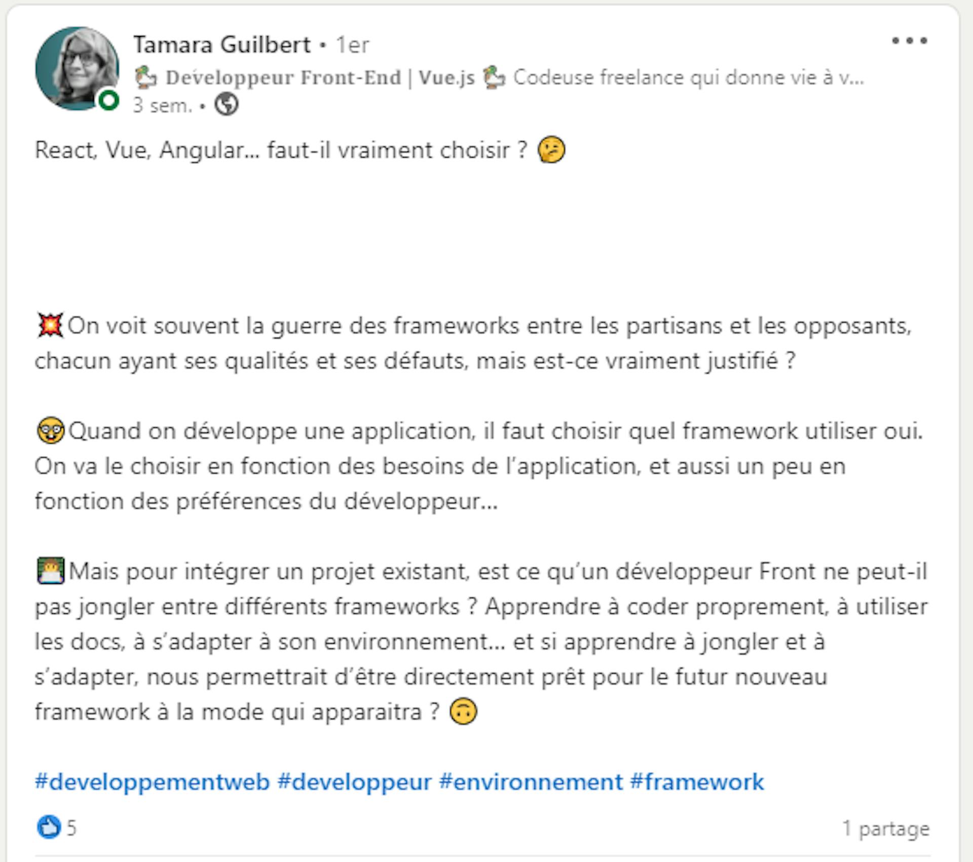 Un exemple de post LinkedIn d’une développeuse Vue.js freelance