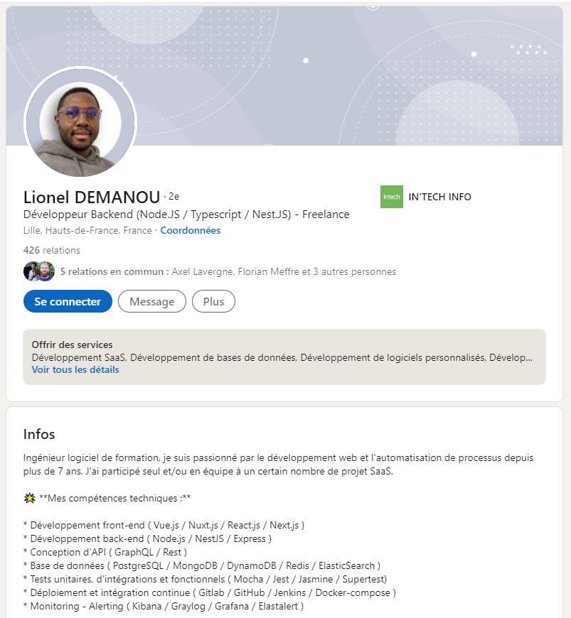 Aperçu du profil Linkedin d’un dév JS freelance