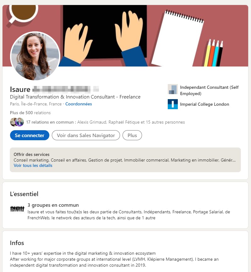Aperçu du profil LinkedIn d’une consultante qui s’est spécialisée dans la conduite du changement.