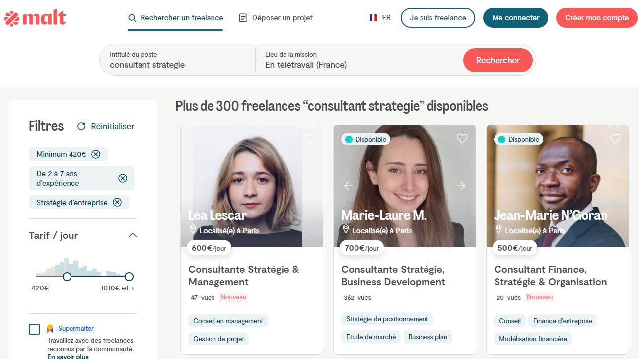 Un aperçu des tarifs pratiqués par des consultants en stratégie indépendants sur la plateforme Malt