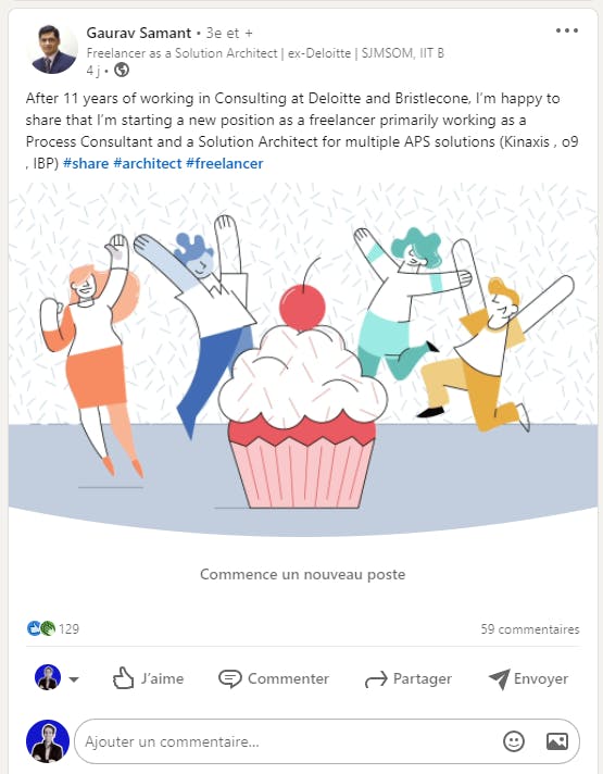 Exemple d’un post d’un ex-consultant chez Deloitte qui annonce son lancement en indépendant