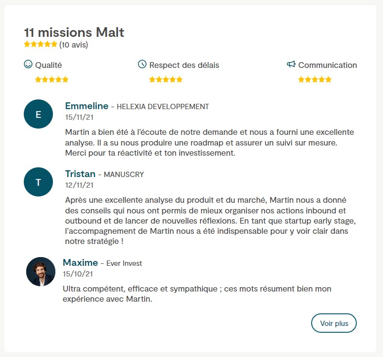 Un consultant freelance ayant collecté des avis de clients sur son profil Malt