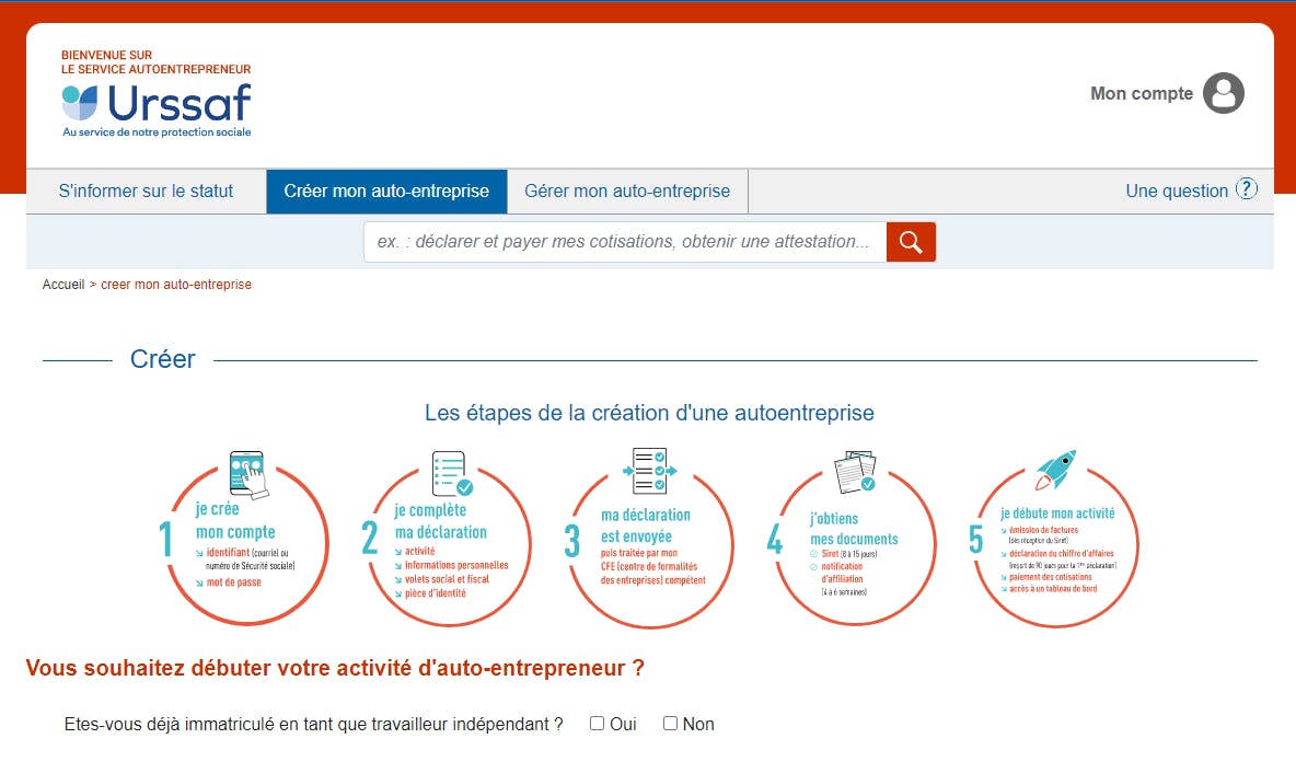 Aperçu du site dédié à la création d’une micro-entreprise