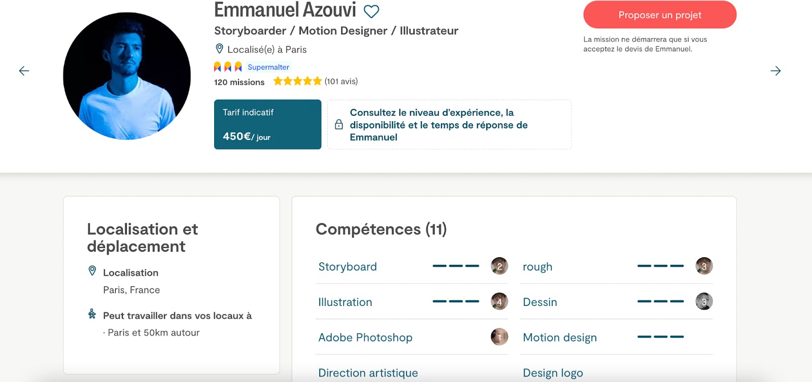 Capture d’écran du profil d’un illustrateur freelance sur la plateforme Malt