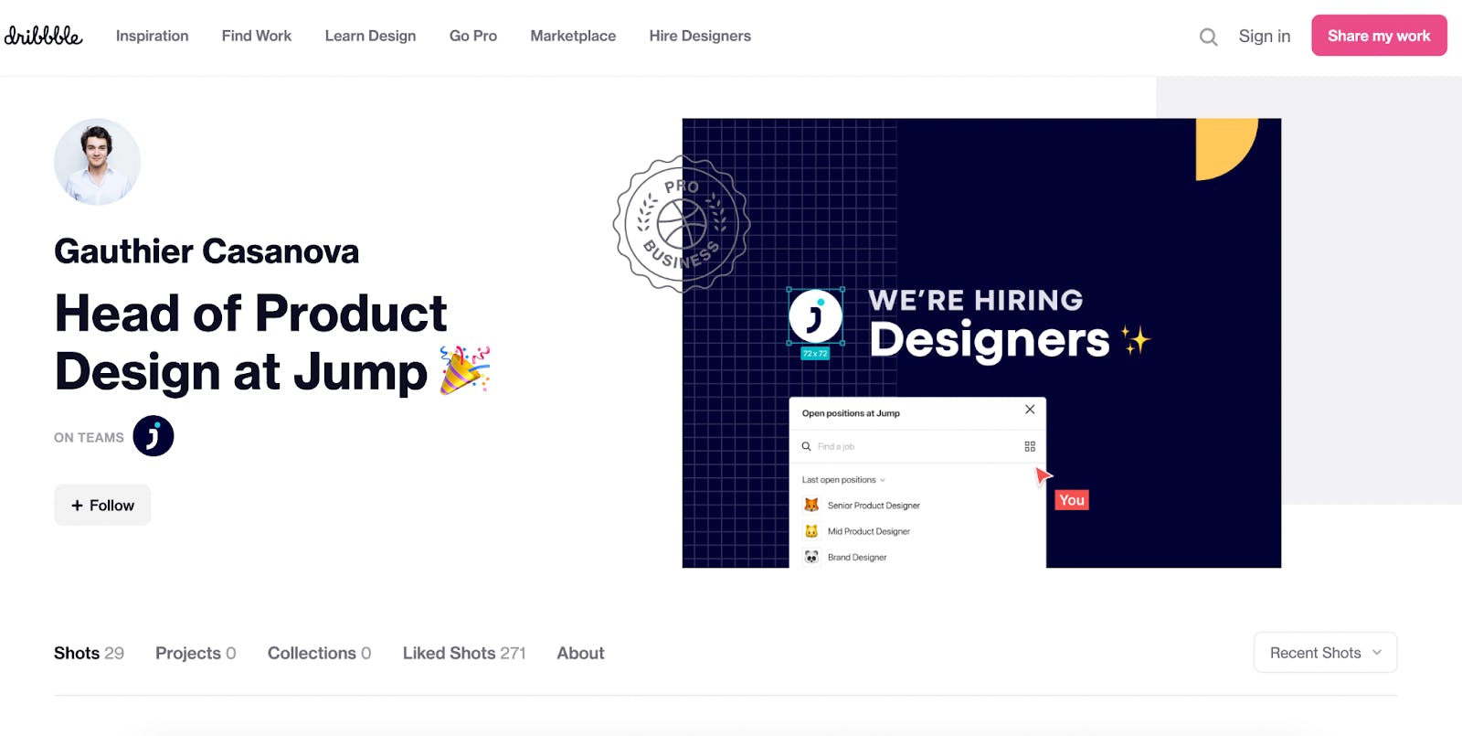 Capture d’écran du profil Dribbble d'un designer senior