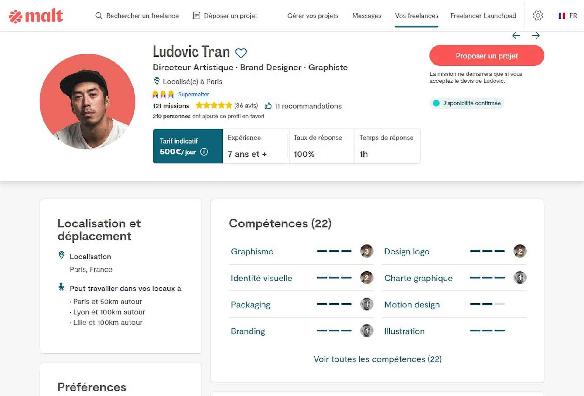 Le profil d’un designer indépendant sur la plateforme Malt
