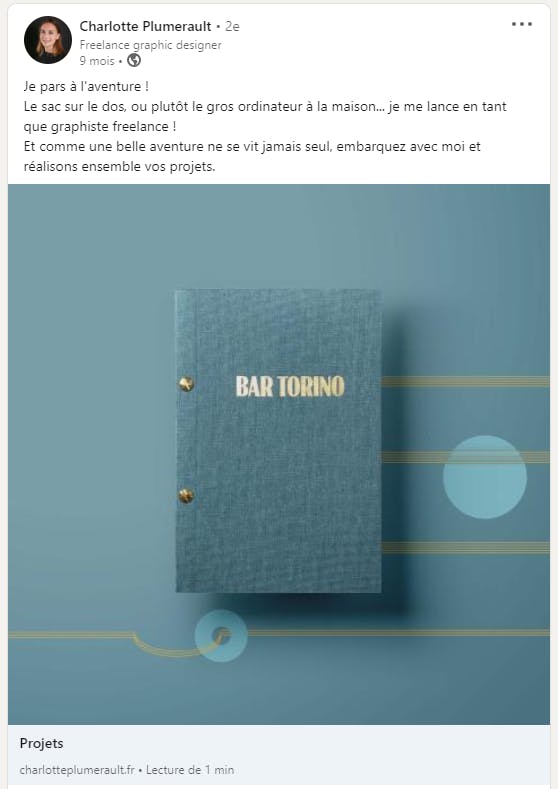 Capture d’écran d’un post dans lequel une designer indépendante annonce le lancement de son activité à son réseau.