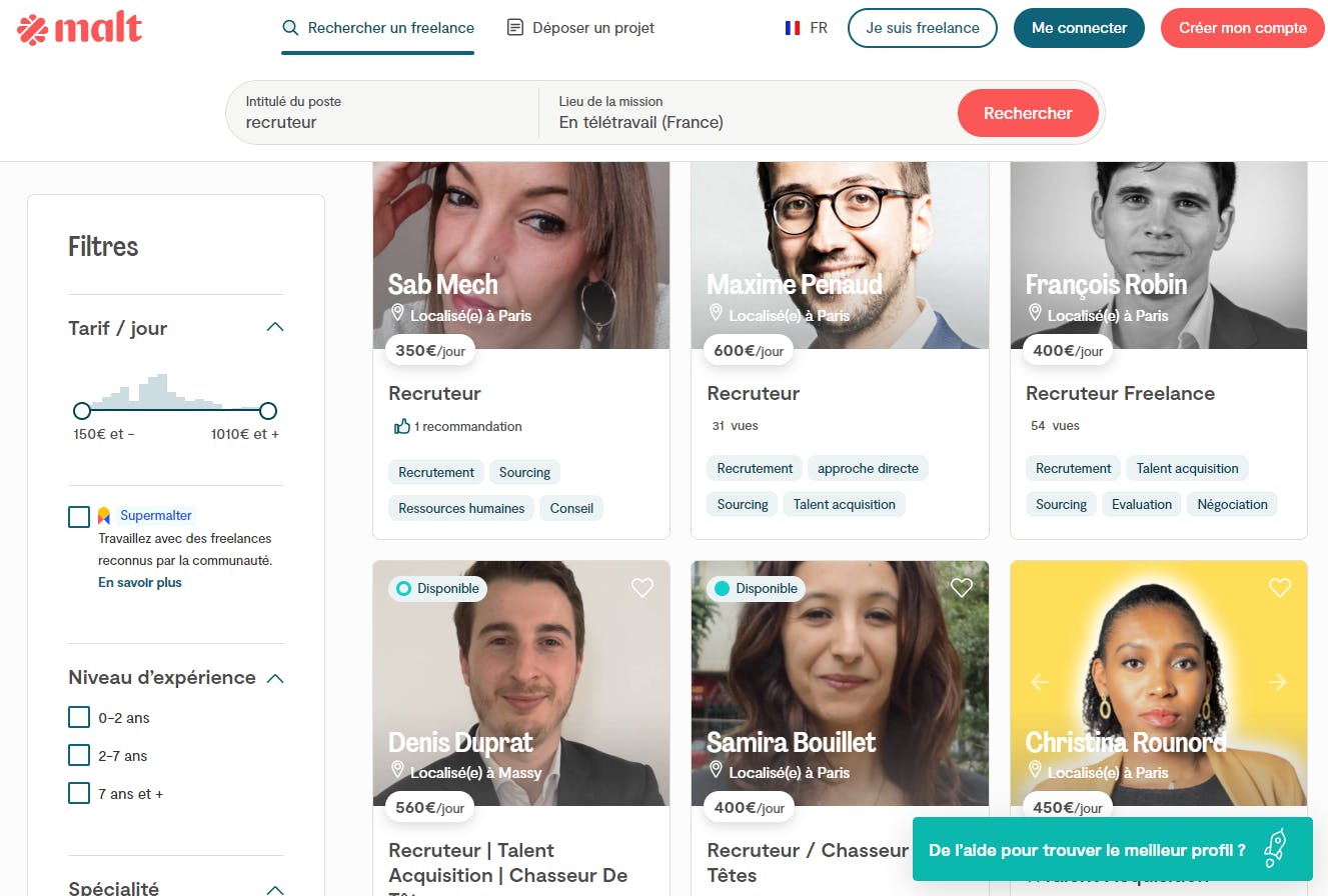 Un aperçu de la page de résultats que nous avons analysée pour trouver le salaire moyen d’un recruteur freelance