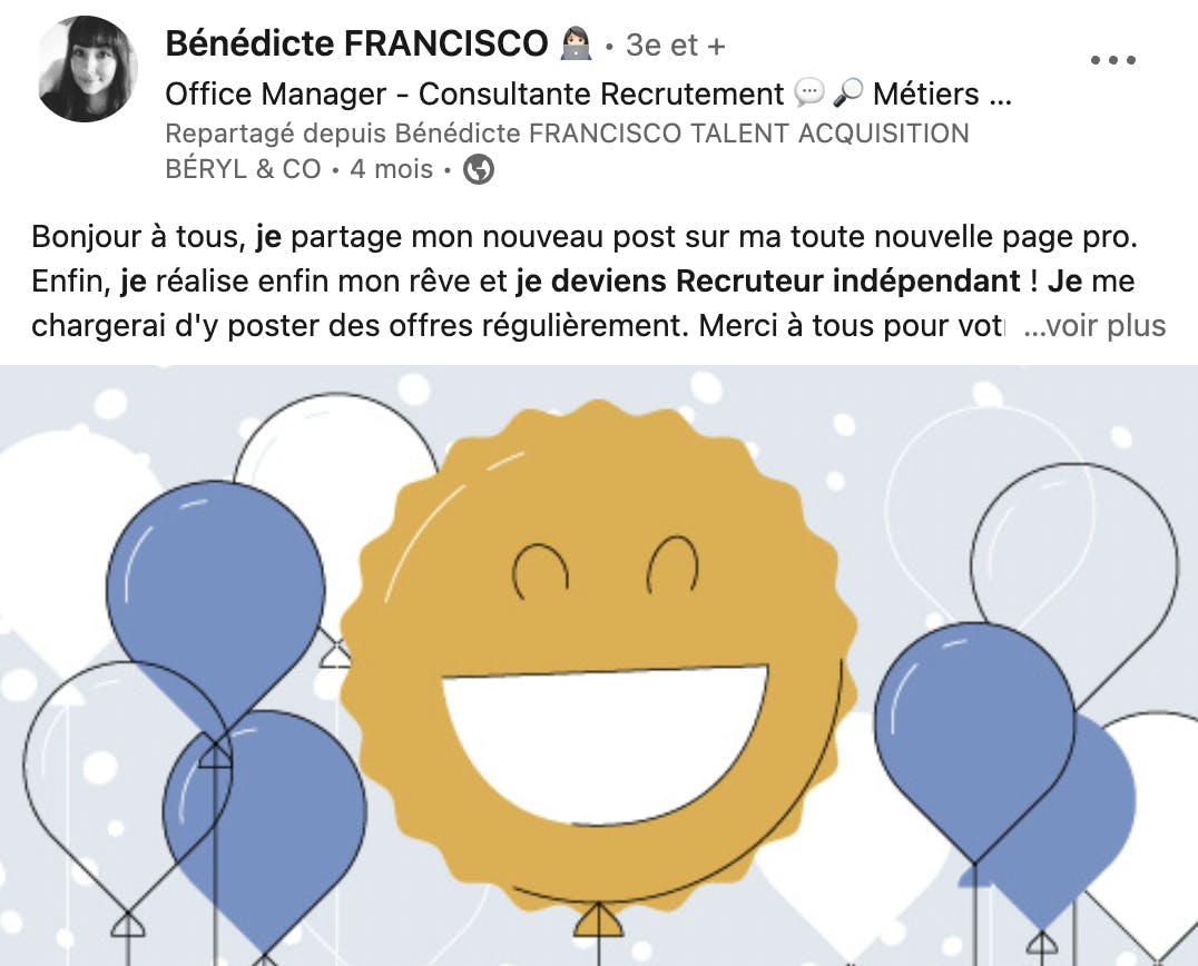 Capture d’écran d’un post LinkedIn dans lequel une recruteuse indépendante partage sa nouvelle activité professionnelle
