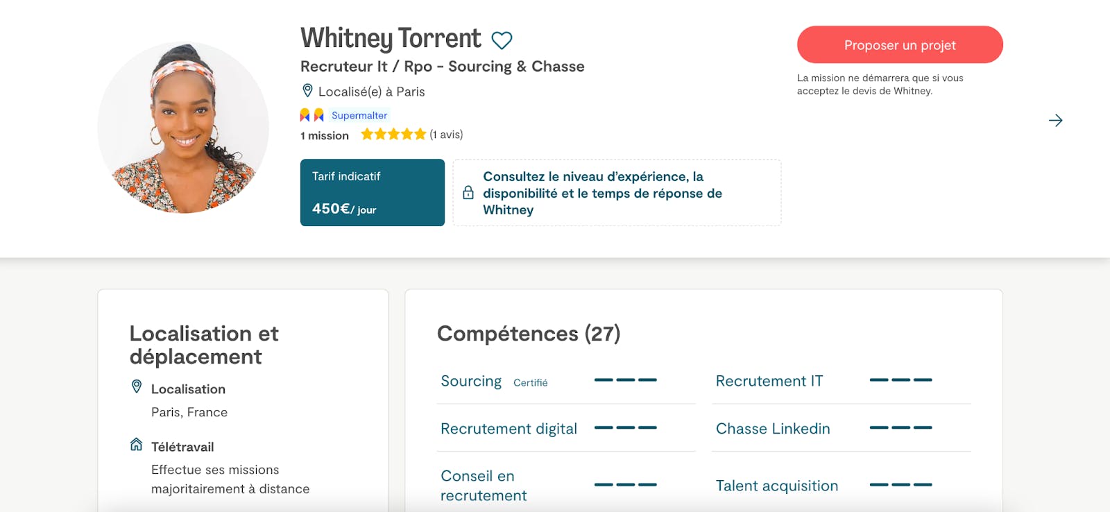 Capture d’écran du profil d’une recruteuse freelance sur Malt