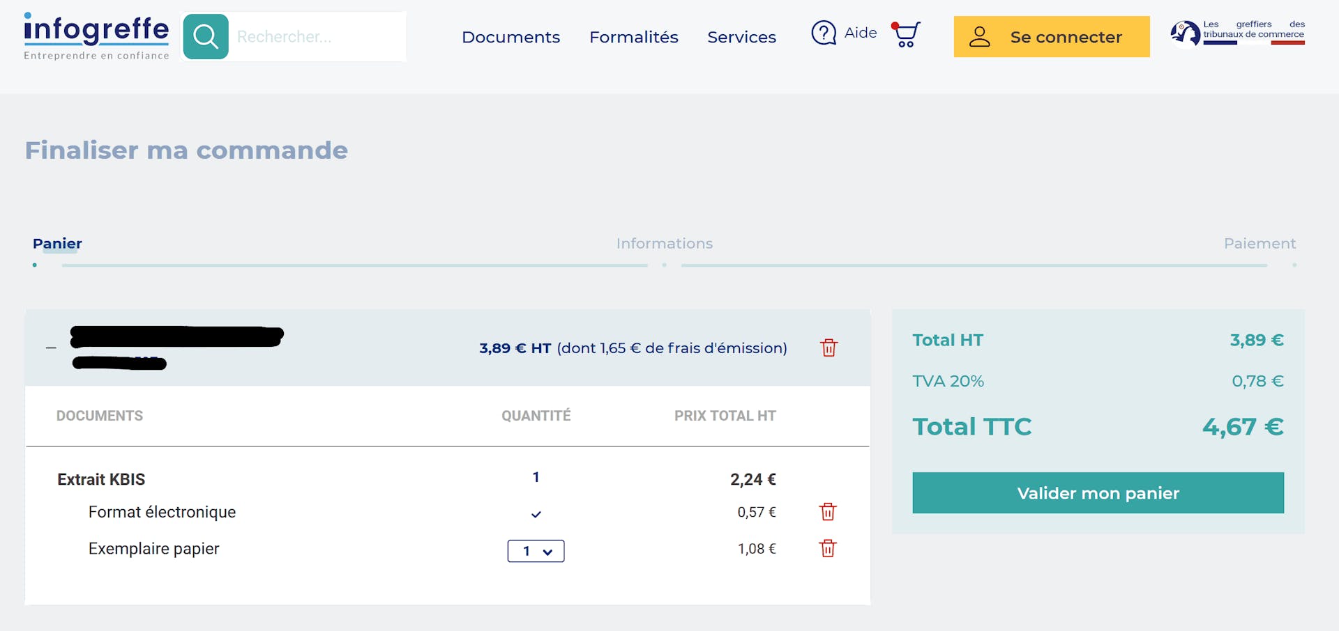 Valider son panier pour commander son extrait kbis sur Infogreffe 