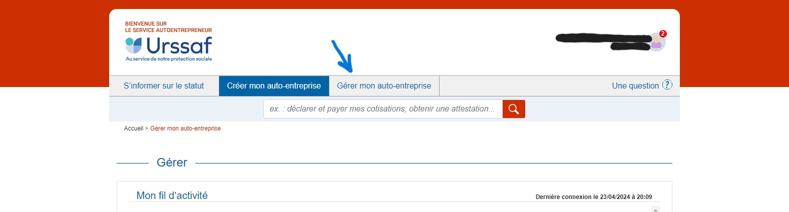 Déclaration CA sur le site de l'Urssaf, rubrique gérer mon auto-entreprise