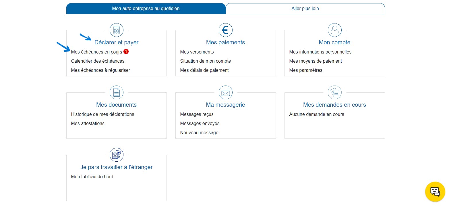 Déclarer son CA sur le site de l'Urssaf, rubrique déclarer et payer