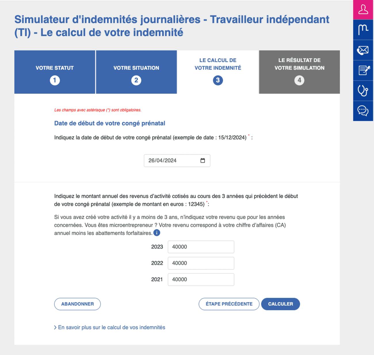 Simulation indemnités journalières Ameli étape 3