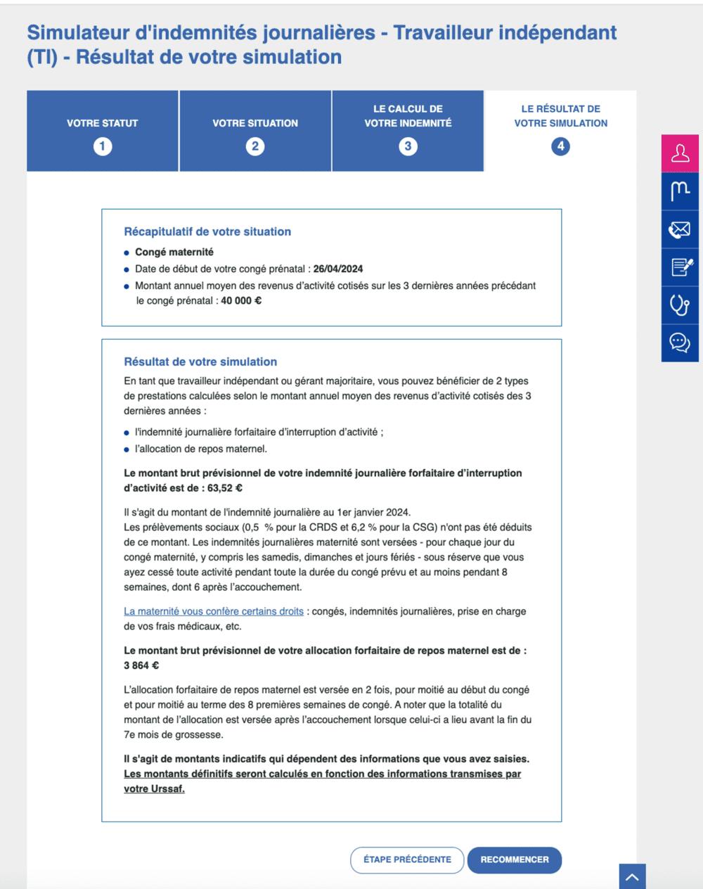 Simulation indemnités journalières Ameli étape 4
