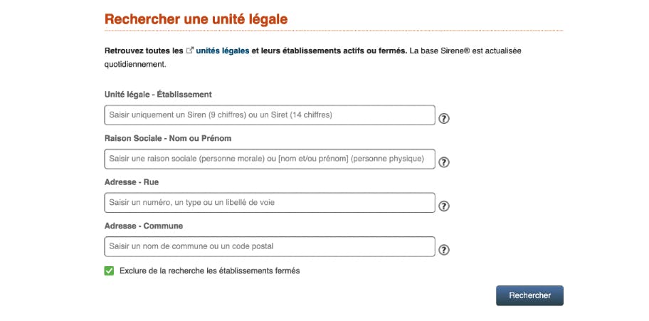 Barre de recherche Sirene.fr pour numéro SIRET