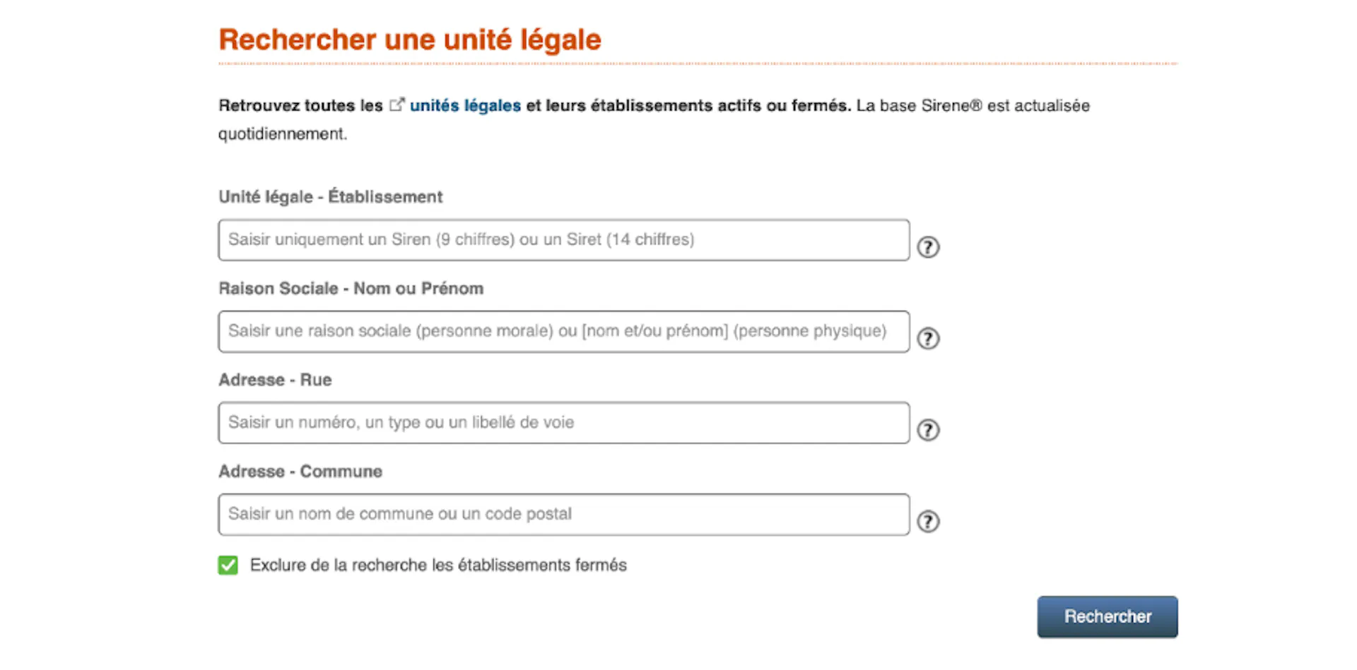 Barre de recherche Sirene.fr pour numéro SIRET 