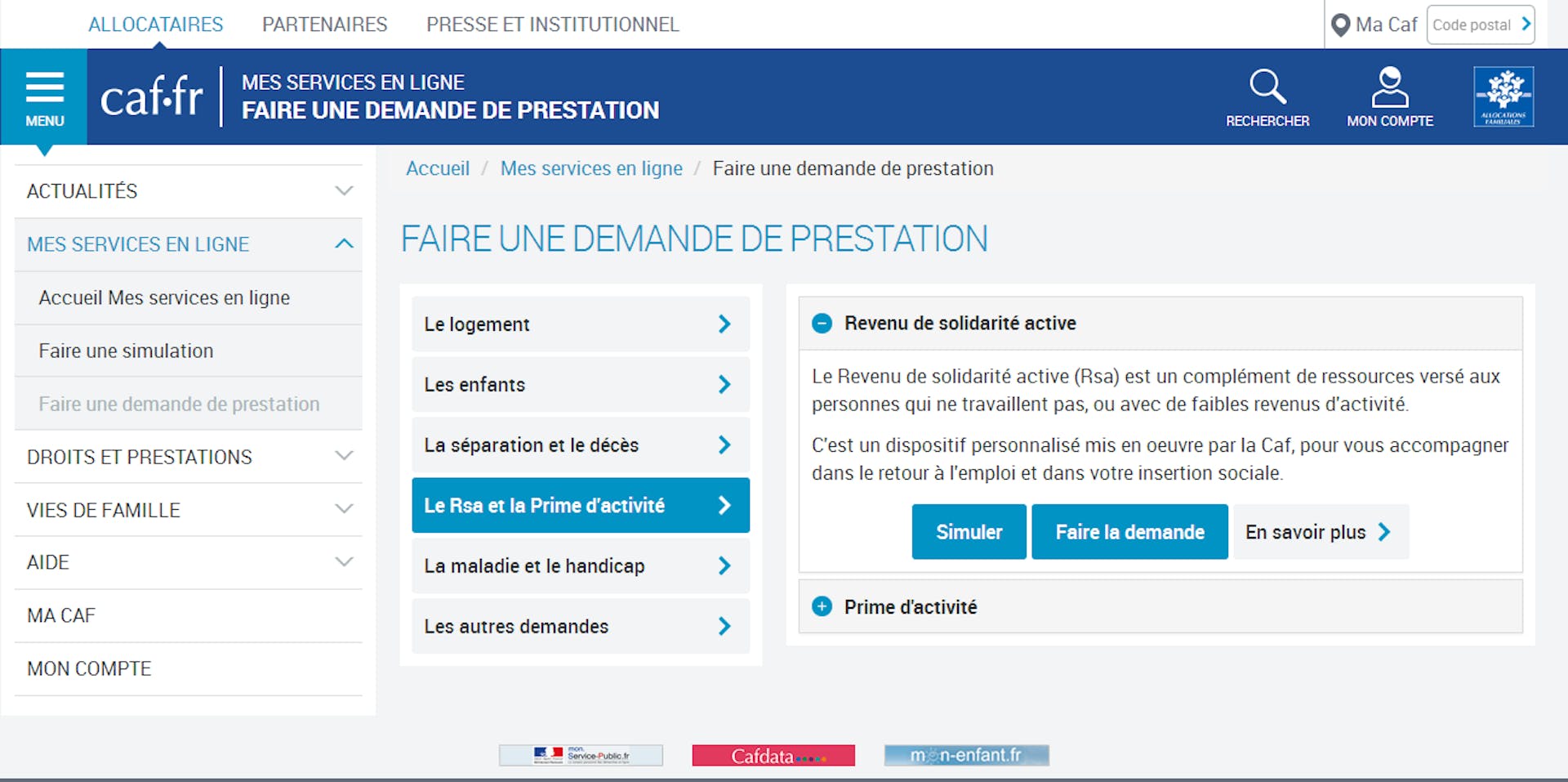 Demande RSA site Caf.fr