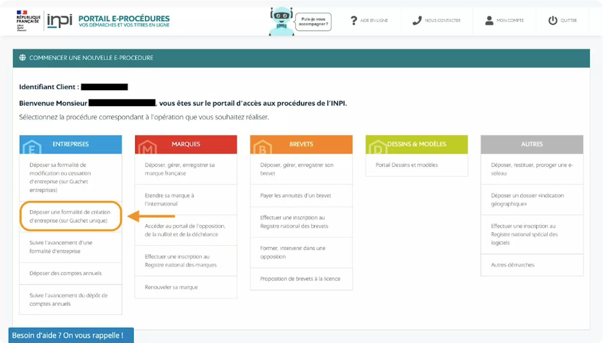 Création auto-entreprise site INPI