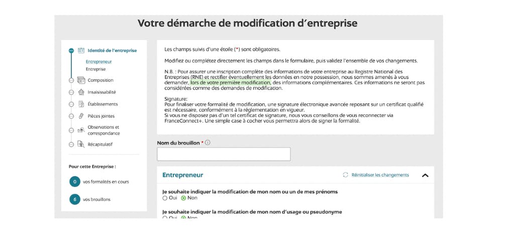 Formulaire de modification d'une entreprise sur le guichet unique de l'INPI