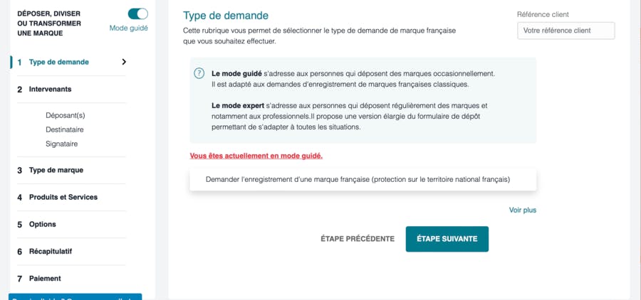 INPI mode guidé mode expert dépôt marque