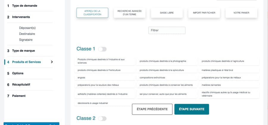 INPI dépôt marque type produits ou activités