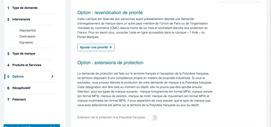 INPI dépôt de marque options