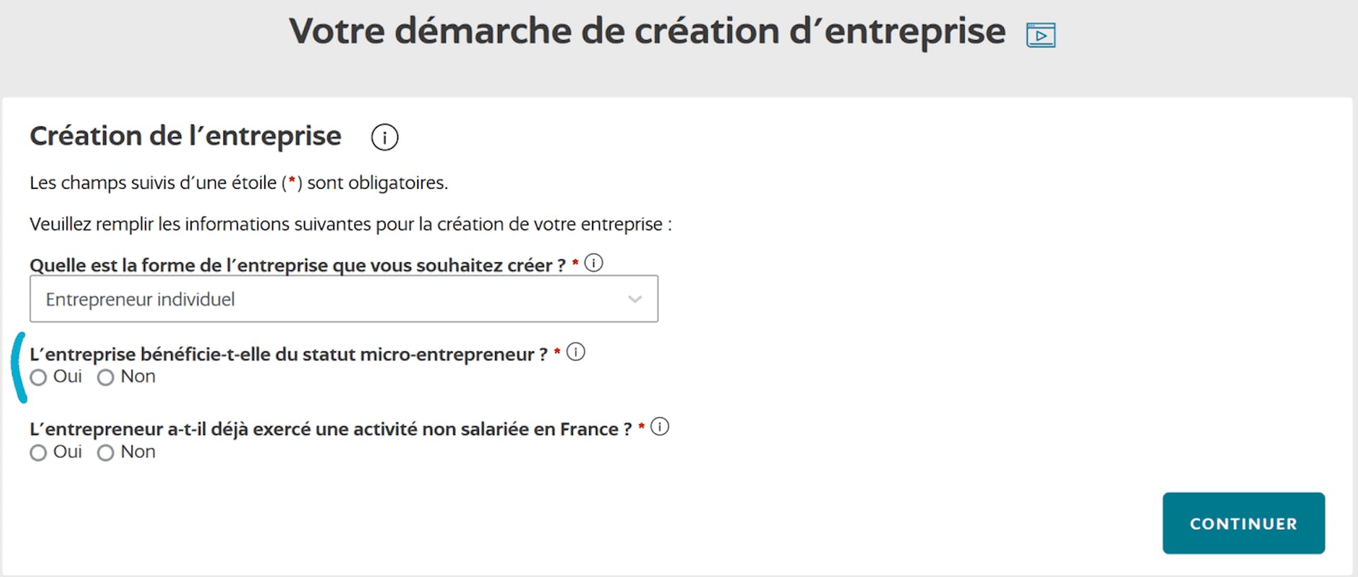Démarche création entreprise sur le guichet unique de l'INPI