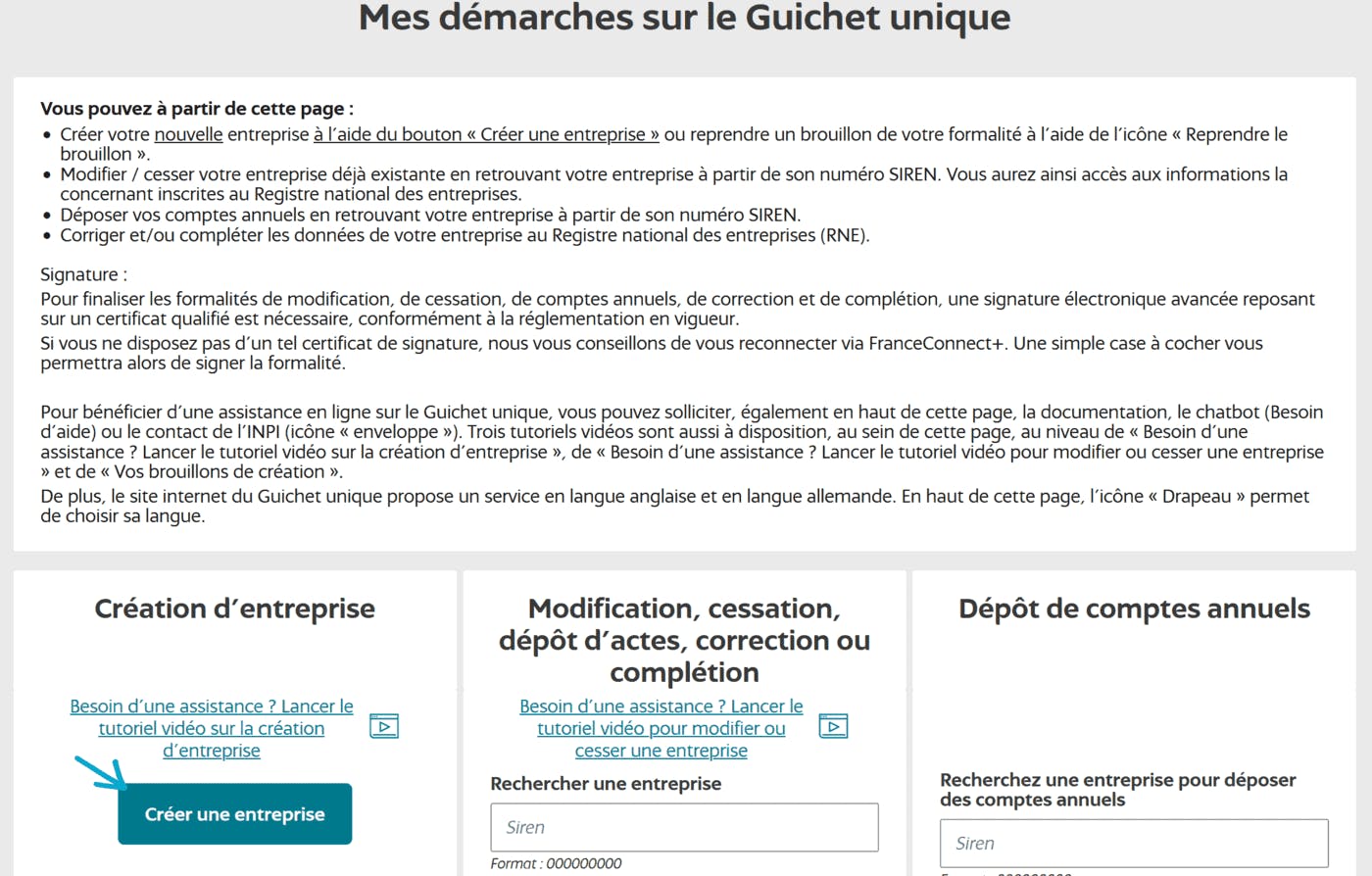 Création d'entreprise sur l'INPI