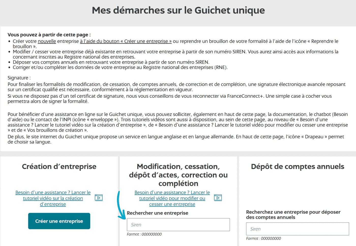 Démarches sur le Guichet unique, numéro SIREN