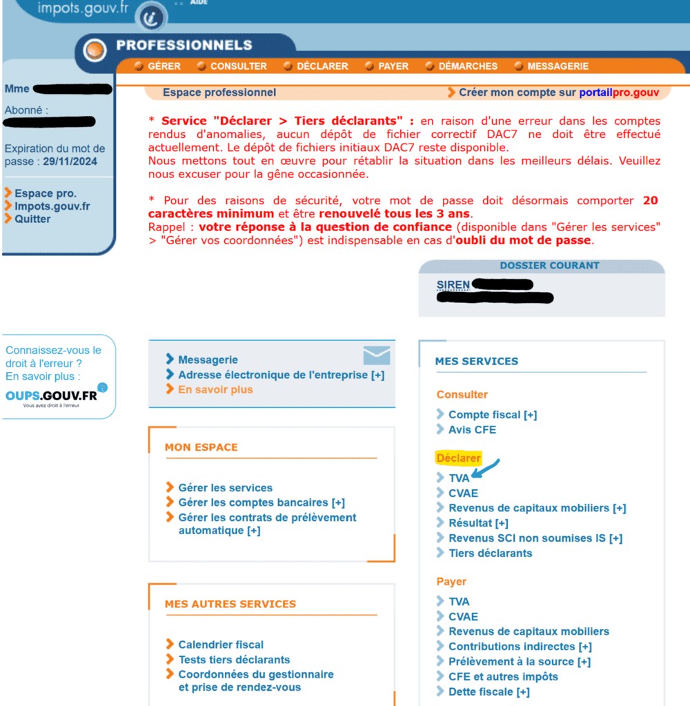 Déclarer la TVA sur son espace professionnel