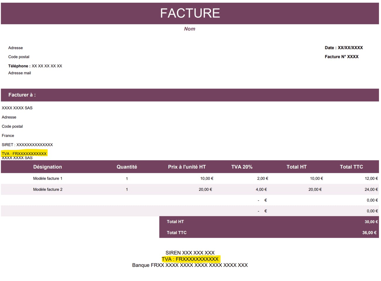 Modèle facture TVA régime réel ou simplifié