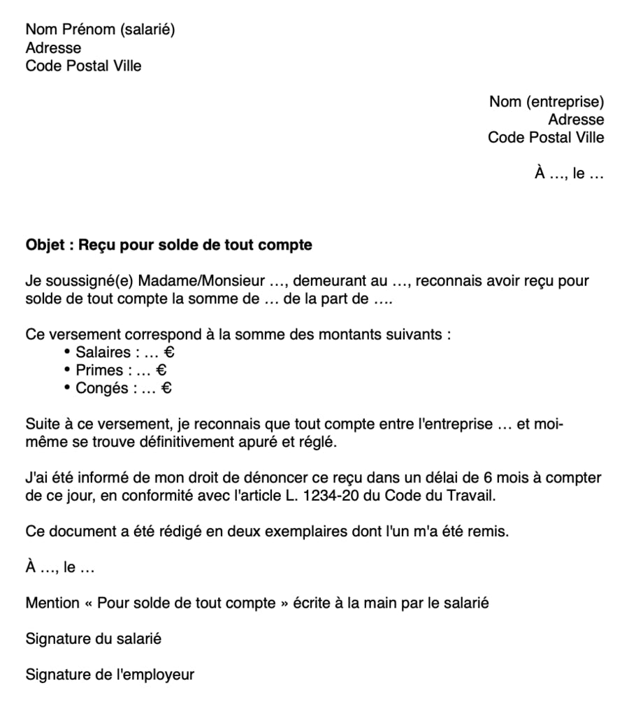 template solde de tout compte