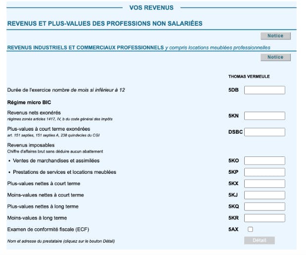 Formulaire 2042-C-PRO case 5KO