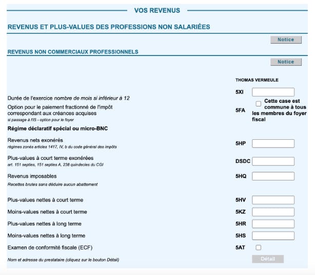 Formulaire 2042-C-PRO case 5HQ