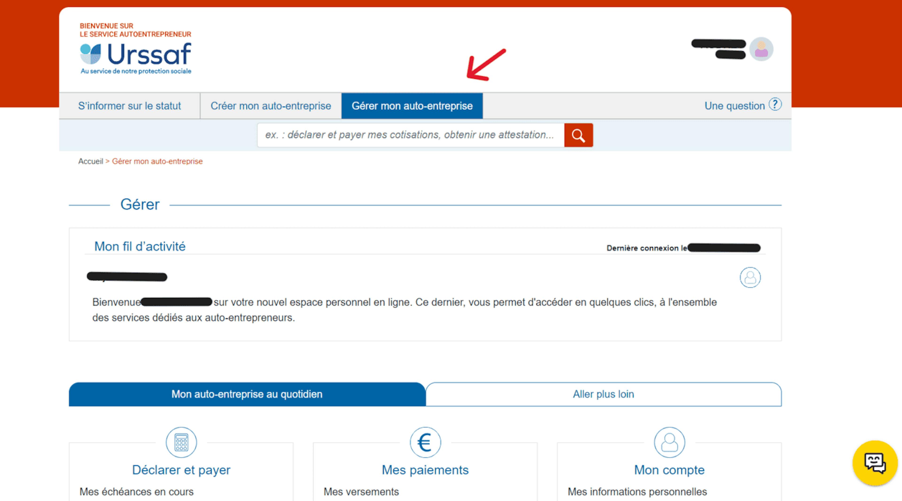 Page accueil Urssaf auto-entrepreneur