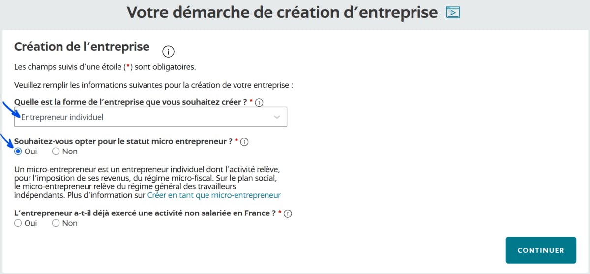 Guichet unique de l'INPI, entrepreneur individuel, optant pour le statut de micro-entrepreneur