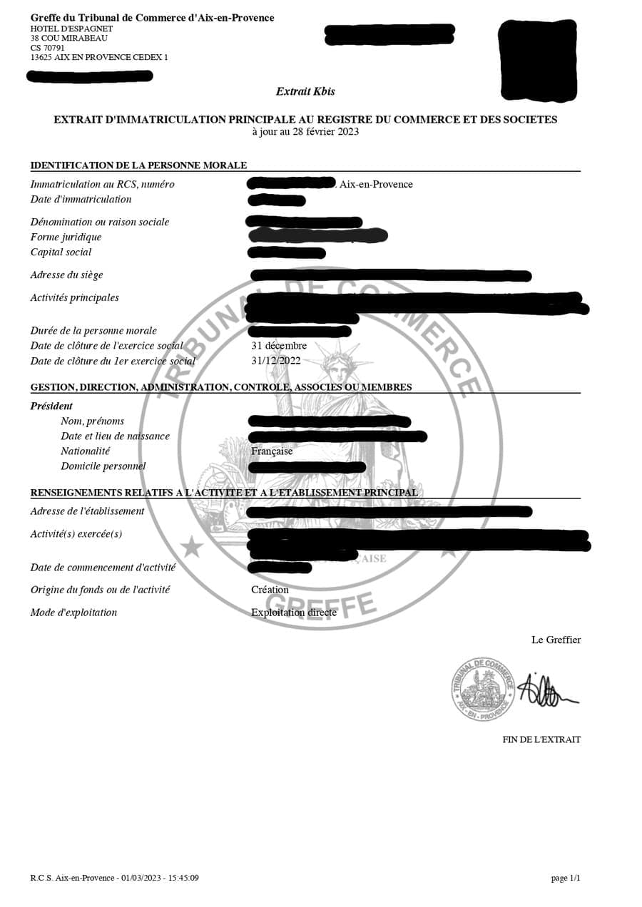 Modèle extrait K-bis