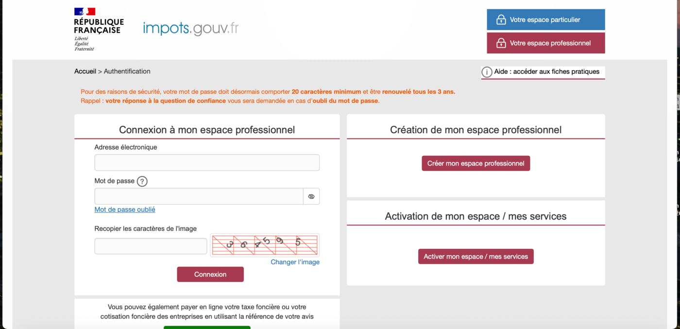 Capture d'écran de la connexion à l'espace professionnel sur impôts.gouv