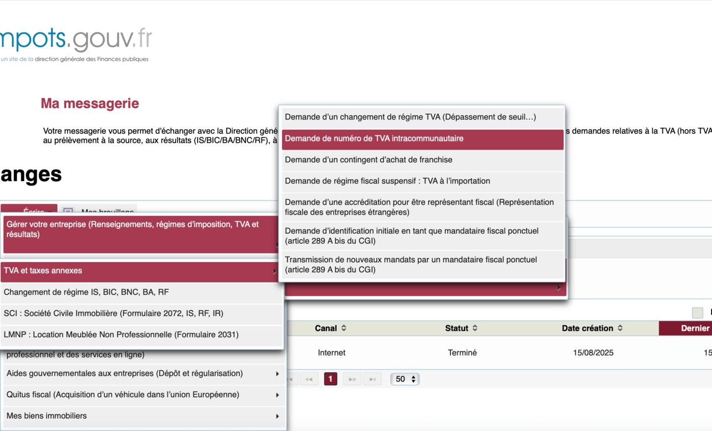 Capture d'écran de la messagerie pro du site des impôts pour demander un numéro de TVA intracommunautaire