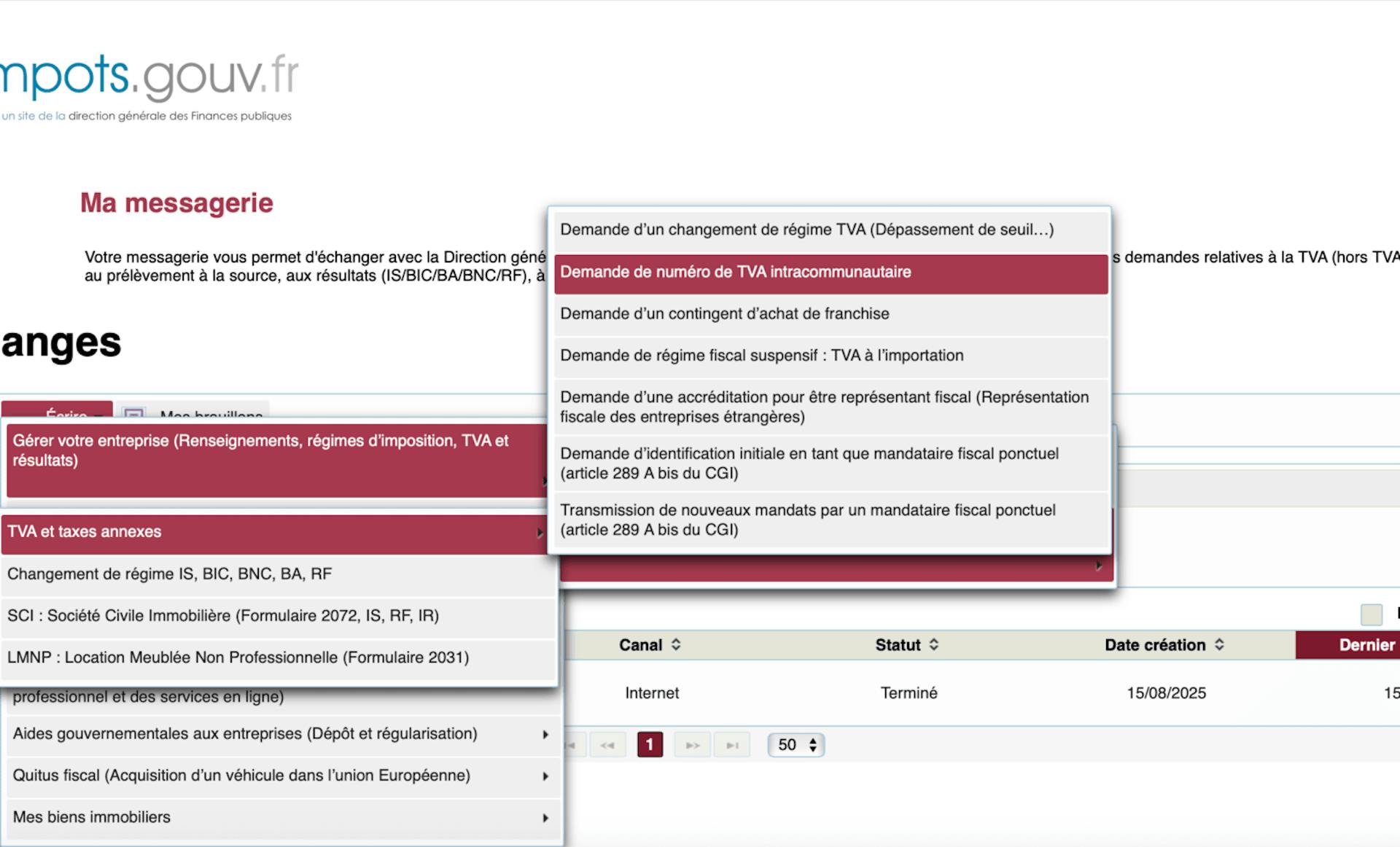 Capture d'écran de la messagerie pro du site des impôts pour demander un numéro de TVA intracommunautaire