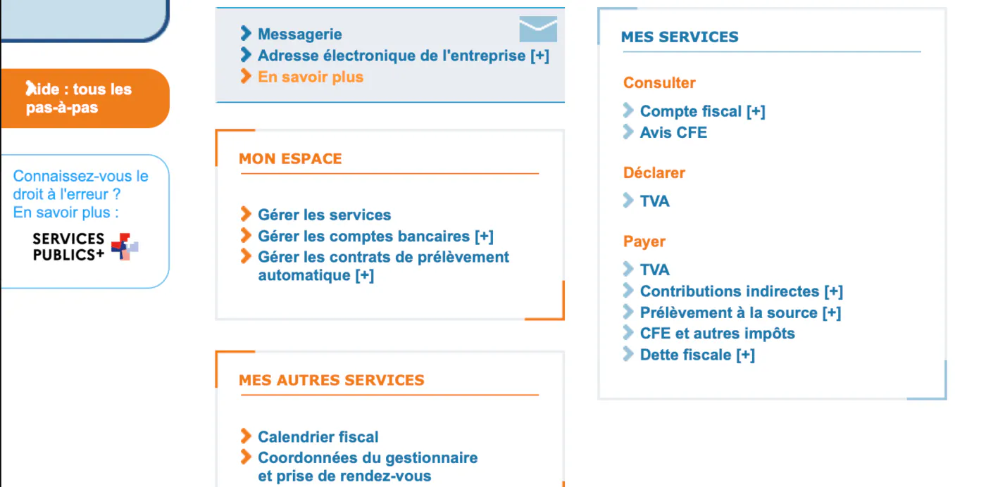 Espace professionnel sur impot.gouv pour déclarer sa TVA d'auto-entrepreneur