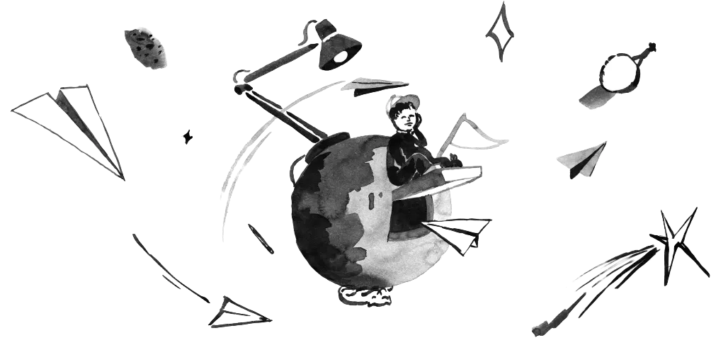 Illustration Jump : enfant assis sur une planète avec avions en papier