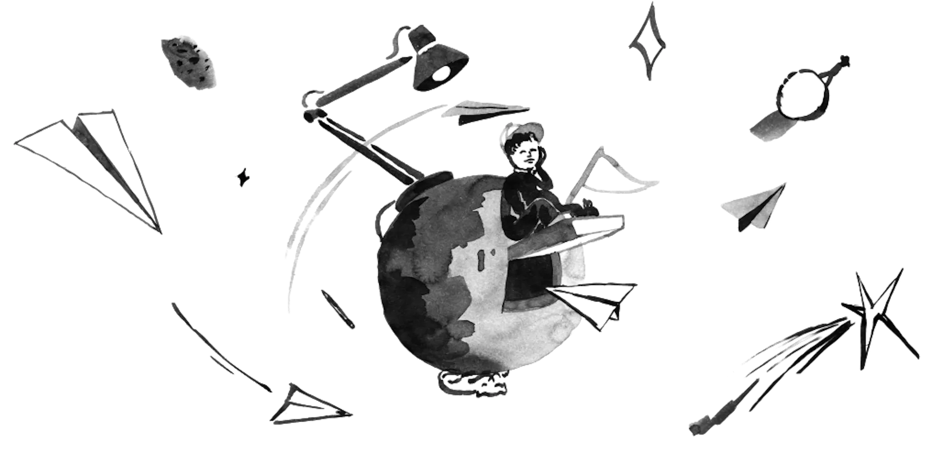 Illustration Jump : enfant assis sur une planète avec avions en papier
