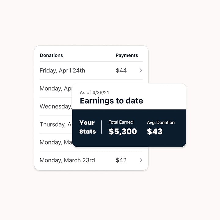 Screenshot of Parachute mobile app showing earnings to date total and average payment per donation.