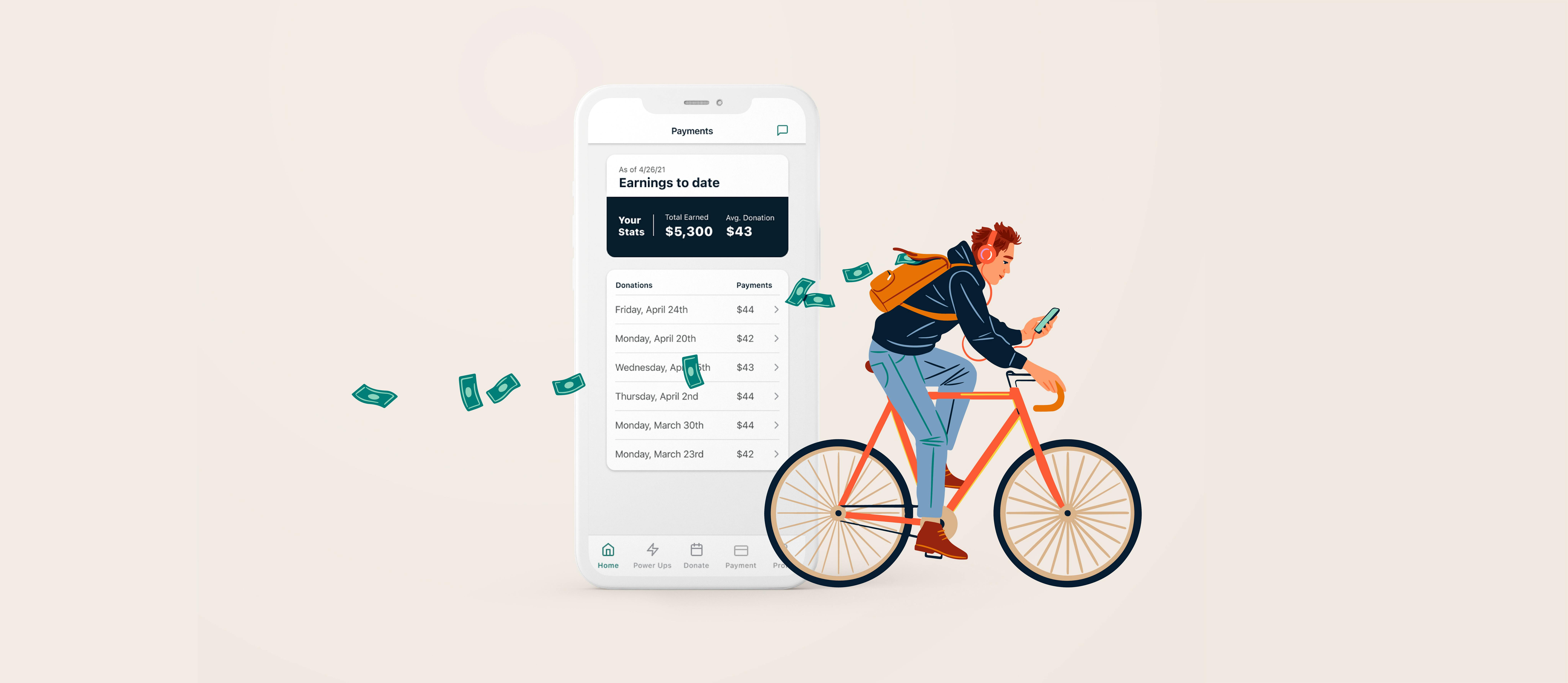 Illustration of man on a bicycle in front of a giant smartphone with dollar bills floating behind him. 