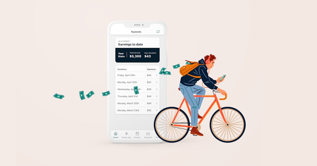 Illustration of man on a bicycle in front of a giant smartphone with dollar bills floating behind him. 