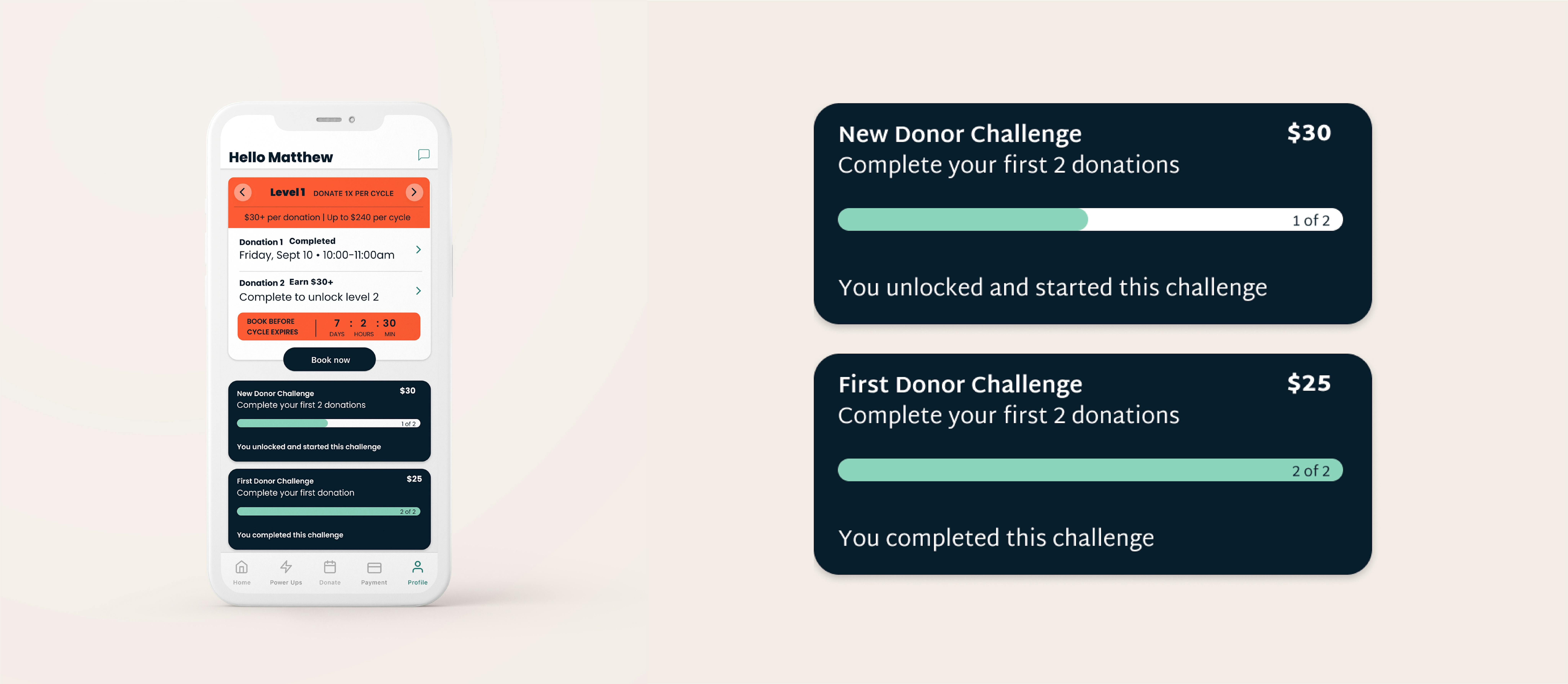 Image of Parachute app home screen with close-up of new donor challenge