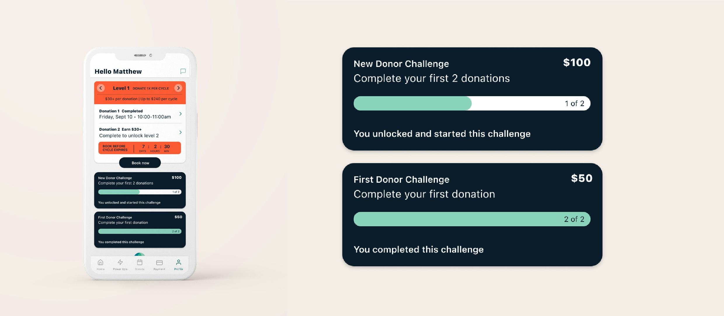 Image of Parachute app home screen with close-up of new donor challenge