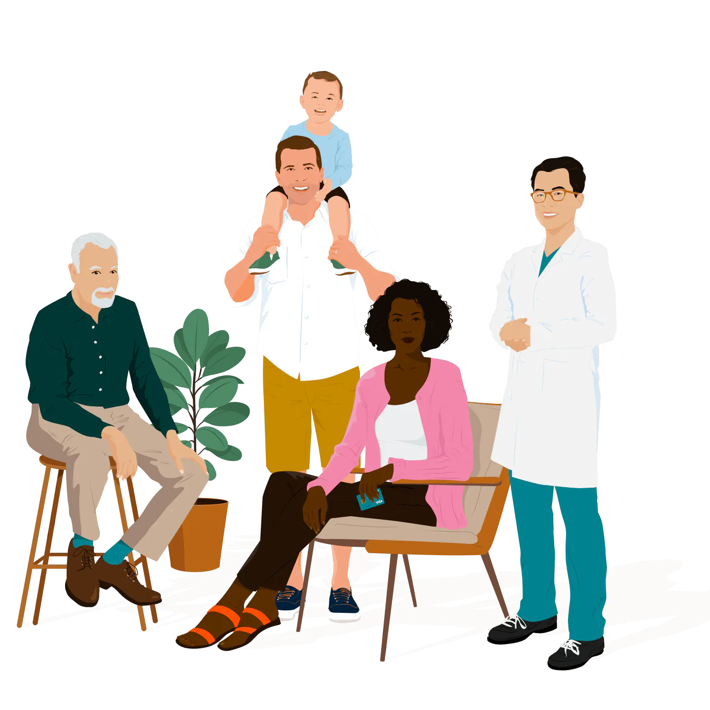 Group of smiling people with a doctor and a person with a debit card